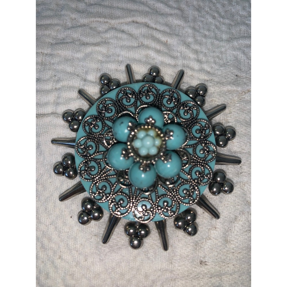 Vintage Faux Turquoise Starburst Brooch Silver Tone Filigree Sunburst Pin